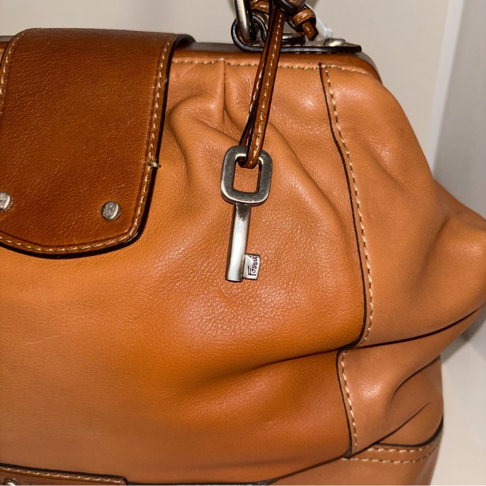 Fossil Paloma Frame Doctor Satchel Brown Leather Bag Turnlock Key Charm - Picture 4 of 13